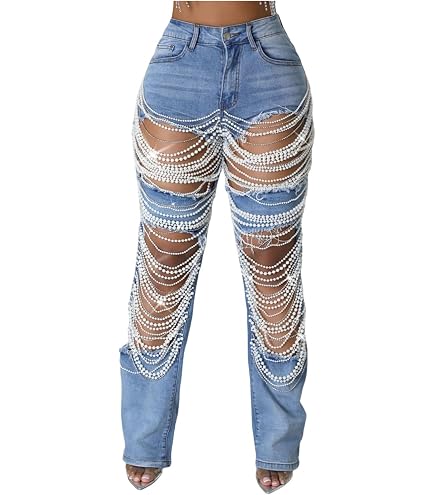 Quzzion Women Ripped Jeans Destroyed Denim Pants High Waist